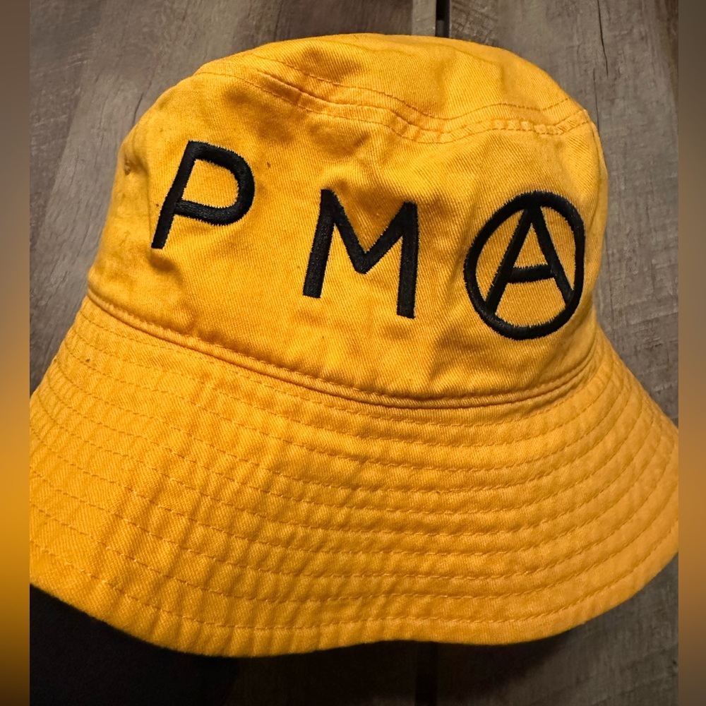 H33M yellow bucket hat, PMA, circle A, no gods no masters, new, never worn